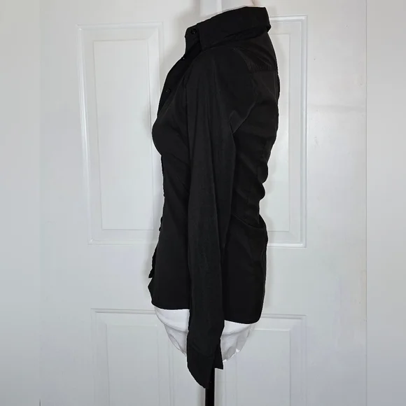 French Kiss Black Button Up Collared Top Cuffed Sleeves - Picture 4 of 8